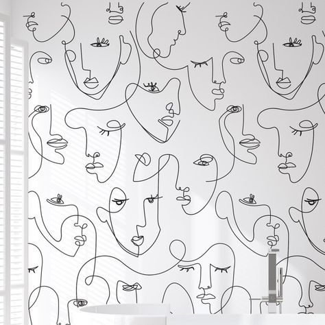 Hand Drawn Wall Mural, Mural Fabric, Charity Quotes, Faces Wallpaper, Line Art Wallpaper, Bathroom Mural, Aesthetic Office, Wallpaper Tile, Face Line Art