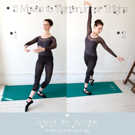 Ronde de Jambe  Start in first position. Keeping leg straight and turned out at the hip, point right toes out in front. Plié standing leg. Toes resting on the floor. Move front leg clockwise in a semicircle until directly behind. Straighten standing leg as you rotate to the back. Put all the weight on standing leg. Leg turned out, toe pointed, rotate it back counterclockwise until at first position. Plié standing leg as you move to the front. Do 4 sets of 8 on each leg. Ballet Posture, Dancing Tips, Mary Helen Bowers, Ballet Yoga, Ballerina Workout, Ballet Body, Thigh Workout, Ballet Technique, Ballet Moves