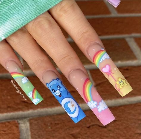 Carebears Nail Designs, The Jetsons Nails, Care Bears Nails Acrylic, Valentines Day Nails Teddy Bear, Care Bear Acrylic Nails, Cartoon Acrylic Nail Designs, Carebear Nail Ideas, Care Bare Nails, Advanced Nail Designs