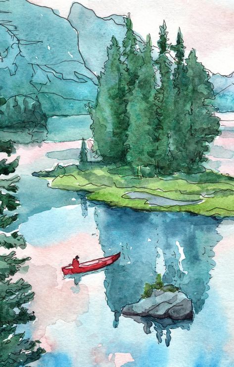 Jasper Canada National Park Art Canada Mountain Wall Art - Etsy Ukraine Art Inspo Watercolour, Pnw Watercolor, Watercolour Pencil Art, Canada Drawing, Watercolour Lake, Watercolor Art Inspiration, Water Colour Landscape, Watercolor Art Nature, Watercolour Painting Landscape