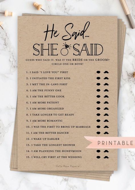 Virtual He Said She Said Bridal Shower Game . Fun Icebreaker Game . Rustic Kraft and White Fun Icebreaker Games, Rustic Bridal Shower Games, Bridal Shower Decorations Rustic, Fun Icebreakers, Bridal Shower Planning, He Said She Said, Ice Breaker Games, Printable Bridal Shower Games, Wedding Shower Games