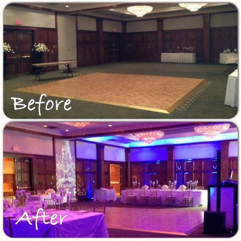 Our Wedding Reception Decor before and after. It was a Disney Fairytale Themed Wedding. The room was truly magical from the blue uplighting to the gorgeous long tables with flowers and different height floating candles to the projected cinderella's castle with our names and wedding date on the wall. It was a wedding fit for a princess! Glamorous Centerpieces, Diy Uplighting, Lao Wedding, Blue Uplighting, Led Uplighting, Royal Prom, Wisteria Wedding, Reception Halls, Uplighting Wedding