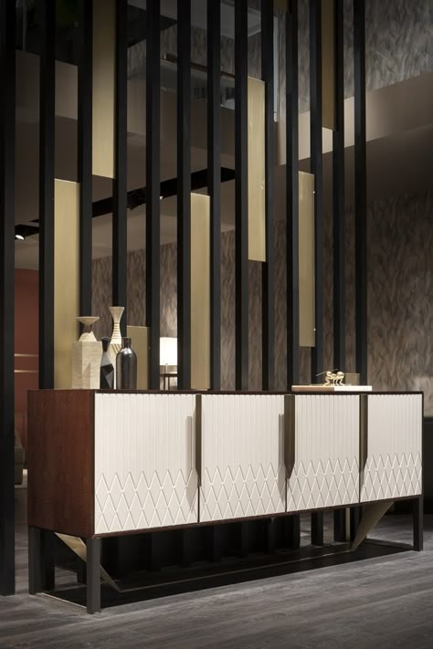 Wall Partition Design, Credenza Design, Mirrored Sideboard, Glass Cabinets Display, Living Room Partition, Living Room Partition Design, Foyer Design, Room Partition Designs, Sideboard Designs