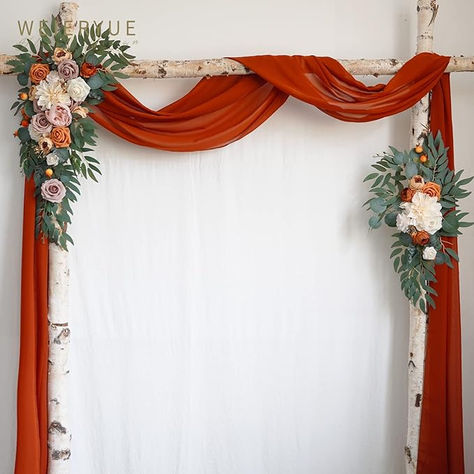 ❤️Wedding Arch Flowers Kit: Package includes 1 x left corner flowers + 1 x right corner flowers + 1 X White Color Chiffon Fabric Drape of 600 x 73cm/19.7+ 5 x zip ties .The Left Corner flower (large swag) measures 30" long x 20" wide; the Right Corner flower (small swag) measures 24" long x 8" wide.(NOTE: Not Include Wood Stand) ❤️Wedding Flowers For Arch: The hanging flowers are realistic by handmade, never fade or fall which can totally replace those easy to wither and expensive real flowers. #AmazonAffiliate #Eligibleforcommissions Flowers For Arch, Drape For Wedding, Artificial Flower Arch, Flower Arch Decor, Wedding Ceremony Arbor, Ceremony Arbor, Burnt Orange Wedding, Fabric Drape, Arch Decor