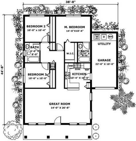 Mediterranean Style House Plan - 3 Beds 2.00 Baths 1250 Sq/Ft Plan #17-1187 Floor Plan - Main Floor Plan - Houseplans.com 1250 Sq Ft House Plans, 1 Car Garage, Mediterranean Style House Plans, Mediterranean Design, 2 Story Houses, Family House Plans, Landscape Plans, First Story, 3 Bed 2 Bath