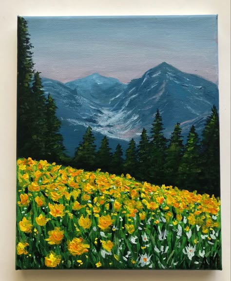 Flower Landscape Ideas Painting, Yellow And Green Painting Ideas, Acrilyc Paintings Ideas Flowers, Landscape Ideas Acrylic Painting, Mountain And Flowers Painting, Yellow Flowers Acrylic Painting, Hill Painting Acrylic, Sunflower Acrilyc Painting, Mountains And Flowers Painting