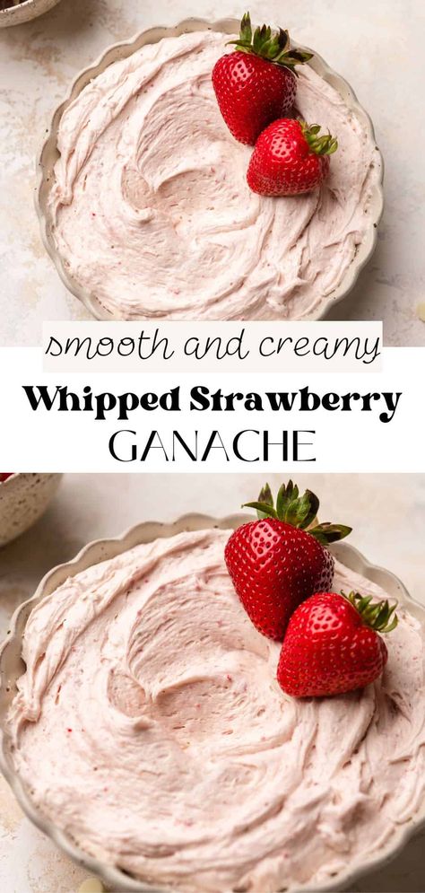 This strawberry ganache is a fruity take on white chocolate ganache! It gets its pretty pink color and strawberry flavor from freeze-dried strawberries. It's rich and creamy, making it perfect spread in between cake layers or piped on strawberry macarons. You can whip the ganache to make it light and airy, perfect for piping on cupcakes! Strawberry Ganache Recipe, Fruit Filling Recipe, Strawberry Ganache, Fluffy Icing, Strawberry Macarons, Fresh Strawberry Recipes, Strawberry Cream Cheese Frosting, Whipped Ganache, Chocolate Ganache Cake