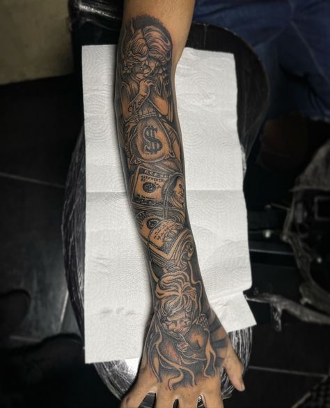 Hand And Sleeve Tattoo Men, Creative Forearm Tattoos For Men, Detroit Tattoos For Men, Hard Forearm Tattoos Men, Male Neck Tattoo Ideas, Arm To Hand Tattoo, Tattoo Ideas For Men Half Sleeve, Hard Tattoo Designs, Black Guy Tattoos