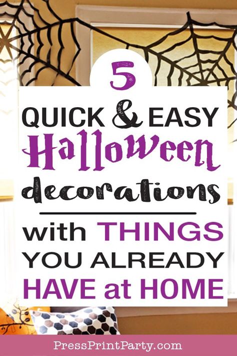 5 QUICK & EASY HALLOWEEN DECORATIONS. DIY Halloween decor ideas for a party, or just to decorate the house. Works for indoor or outdoor on the porch - Cheap & spooky. Some more scary, some cute. Great for kids. With mason jars, how to make spider webs with trash bags, ghosts with cheesecloth, free printable bat garland. Free printable Pacman garland. Home decor by Press Print Party! #halloween #halloweendecor Easy Halloween Decorations Diy, Bat Garland, Cute Halloween Tattoos, Printable Halloween Decorations, Garland Home Decor, Scary Halloween Decorations Diy, Cheap Halloween Decorations, Easy Halloween Party, Easy Diy Halloween Decorations