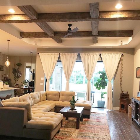 Wood Beams On Ceiling Living Room, Fake Beams On Ceiling, Ceiling Beams Living Room, Exposed Wood Ceilings, Exposed Beams Ceiling, Beams Living Room, Casa Country, Wood Beam Ceiling, Brick Exterior House