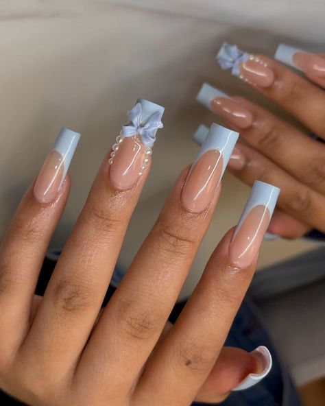 Spring Coquette Nails, Blue Bow Nails, Blue Coquette Nails, Cold Nails, Nail Ideas Gel, Nails With Bows, Nails For Prom, Cut Dog Nails, Nails With Blue