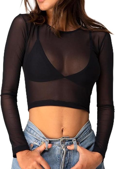 ADOME Mesh Crop Top Sheer Tops for Women See Through Shirt Long Sleeve Sheer Crop Top Black M at Amazon Women’s Clothing store Sheer Tops For Women, Sza Tour, Boss Fashion, Sheer Tops, Basic Crop Top, Sheer Crop Top, Oc Inspo, Mesh Crop Top, Basic Long Sleeve