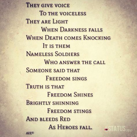 A poem I wrote a few days ago. Dedicated to all of the soldiers and freedom fighters. AVE© Poem On Soldiers In English, Poems For Soldiers, Quotes On Soldiers, Poem On Freedom, Slogans Of Freedom Fighters, Quotes For Soldiers, Independence Day Poem, Fighters Quotes, Freedom Fighters Quotes