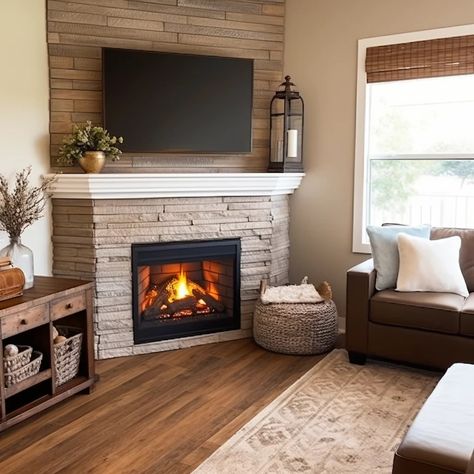 Corner Stone Fireplace With Tv, Built In With Corner Fireplace, Corner Fireplace With Wood Mantle, Fireplace In The Corner Living Room, How To Decorate Living Room With Corner Fireplace, Caddy Corner Fireplace Living Rooms, Corner Gas Fireplace Ideas With Tv Above, Living Room Designs With Corner Fireplace, Corner Fireplace Makeover Ideas