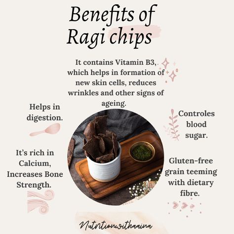 Nachni / Ragi chips ! Do try them ! Ragi is the richest source of calcium among plant foods. Excellent for children and elderly. Ragi keeps bone problems at bay , lowers cholesterol and helps in fighting anaemia. . Moderation is the Key! . . #nutritionscience_as #nutritionwithaaina #aainasinghal #ragi #ragidosa #nachnirecipes #fingermillet #millet #milletrecipes #millets #milletsecond #foodgrains #wholegrains #foodblogger #instagrammers #plantbased #plantbaseddiet #plantbasedrecipes # Ragi Benefits, Millet Benefits, Ragi Dosa, Food Benefits, Millet Recipes, Green Eating, Clean Diet, Lower Cholesterol, Millet