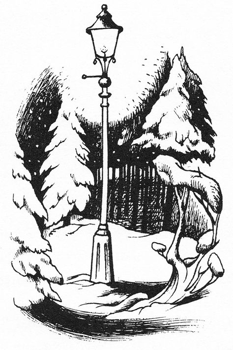 Pauline Baynes - Narnia lamppost illustration by Pauline Baynes - Artwork for C. S. Lewis Narnia Minimalist Tattoo, Narnia Artwork, Narnia Illustrations, Narnia Lamp Post, Pauline Baynes, Lion Witch Wardrobe, White Drawing, C S Lewis, Cs Lewis