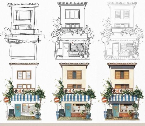 Basic Building Drawing, Houses Illustration Simple, Buildings Reference Drawing, Cute Buildings Drawing, Building Illustration Sketch, Building Drawing Simple, Building Sketches Simple, Flower Shop Drawing, Storefront Drawing