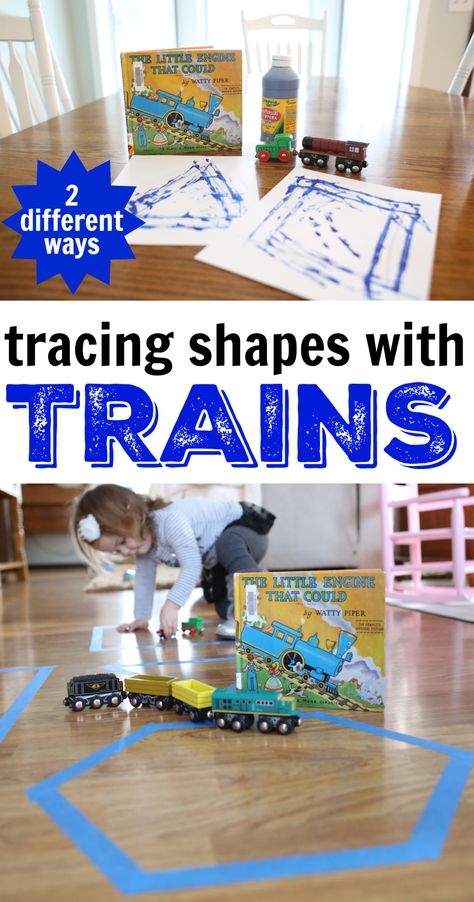 This post offers two fun ways for tracing shapes with trains after reading The Little Engine that Could by Watty Piper. Train Theme Preschool, Train Preschool Activities, Trains Preschool, Medical Binder Printables, Preschool Transportation, Transportation Activities, Medical Binder, Transportation Crafts, Transportation Preschool