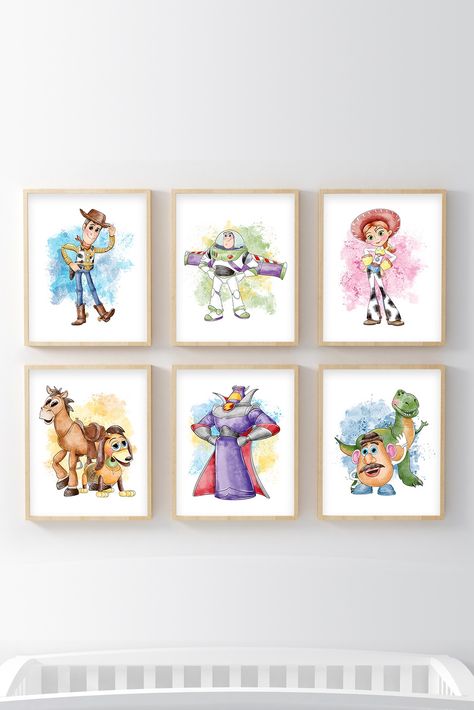 Toy Story Boy Room Wall Art Toy Story Watercolor Art, Disney Themed Nursery Boy Toy Story, Toy Story Wall Art, Toy Story Wall Decor, Toy Story Playroom Ideas, Toy Story Nursery Boy Rooms, Toy Story Themed Nursery, Nursery Ideas Toy Story, Toy Story Playroom