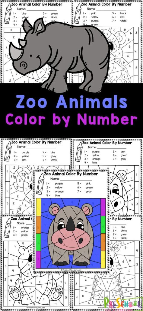 Reveal zoo animals with these free color by number pages! Simply print the animals color by number worksheets and you are ready to practice identifying numbers while strengthening hand muscles with preschool, pre-k, and kindergarten age children! Zoo Worksheets, Animal Cell Project, Cycle For Kids, Zoo Animal Crafts, Identifying Numbers, Worksheets For Preschoolers, Animal Activities For Kids, Art Centers, Hand Muscles