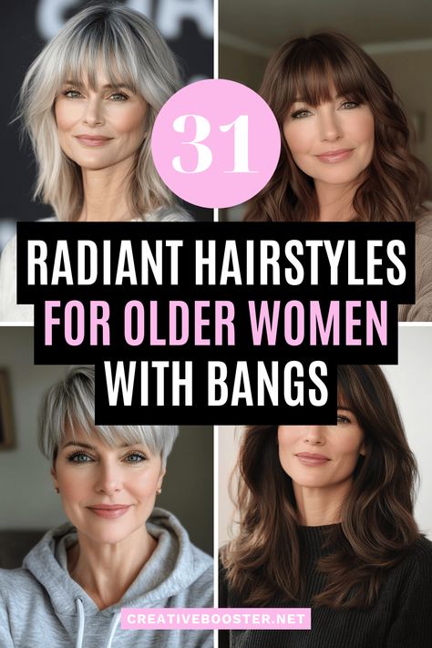 28 Timeless Hairstyles for Older Women with Bangs in 2025 – CreativeBooster Blended Bangs, 2025 Hair Trends For Women, Long Hair Older Women, Long Layers With Bangs, Medium Shag Hairstyles, Timeless Hairstyles, Sleek Short Hair, Inspiring Hairstyles, Older Women's Hairstyles