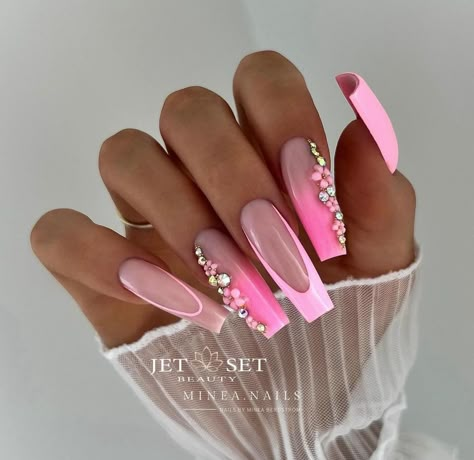 Pink Bling Nails, Fake Nails Long, Press On Nails Long, Pink Manicure, Long Nail Designs, Ombre Acrylic Nails, Coffin Press On Nails, Coffin Nails Long, Pink Nail Designs