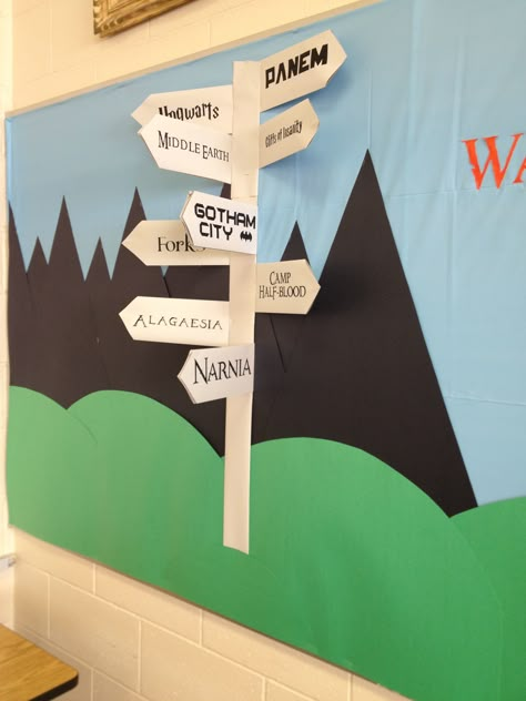 Not all who wander are lost bulletin board sign post close up. Road Map Bulletin Board, Together We Can Move Mountains Bulletin Board, Hiking Bulletin Board, Travel Bulletin Board Ideas, Mountain Bulletin Board Ideas, Adventure Bulletin Board Ideas, Mountain Bulletin Board, Mountain Classroom, Pto Bulletin Board