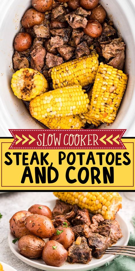 Cooking steak and potatoes in the crockpot is a classic way to put a hearty meal on the table and we even add an additional side of corn! The meal is cooked with a herb garlic butter and is a complete meal. - The Magical Slow Cooker Cowboy Crockpot Recipes, Meat And Potatoes Crockpot, Easy Crockpot Meals Cheap, Steak Crockpot Recipes, Crockpot Meat Recipes, Cowboy Crockpot, Potatoes In The Crockpot, Steak Bits, Crockpot Steak Recipes