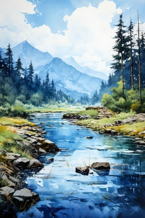 Premium Photo | A Painting of a River Running Through a Forest Generative AI Watercolour Mountains Landscapes, Mountain Lake Drawing, Mountain Scenery Painting, Mountain Lake Painting, Lake Drawing, River Watercolor, Watercolor Landscape Tutorial, Watercolor Mountain Landscape, Impressionist Watercolor