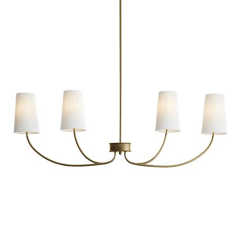 Feminine lines in a slender linear silhouette perfect for hanging above a rectangular dining table, banquette or grand kitchen island. Our Lottie Linear Chandelier is hand finished in antique brass and crowned in your choice of Tall White or Tall Black linen shades. Lottie Linear Chandelier features:  4 lights. Made of steel. Clear cord. Uno-Fit Shade. Three 12" extension rods & one 6". Grand Kitchen, Rectangular Chandelier, White Shades, Dining Room Light Fixtures, Minimalist Lighting, Linear Chandelier, Ballard Designs, Rectangular Dining Table, Linen Shades