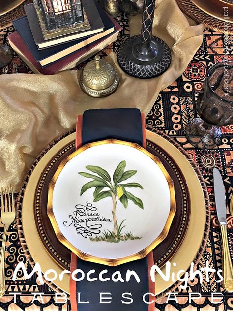 Moroccan Nights Tablescape Moroccan Tablescape, Moroccan Dinner, Tablescapes Spring, Moroccan Nights, Brown Plates, Gold Tulle, Gold Chargers, Gold Flatware, Spring Tablescapes