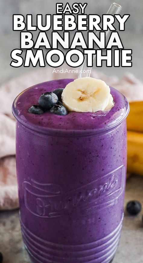 Blueberry banana smoothie is a perfect grab-and-go breakfast, midday energy boost, or a quick healthy snack for the family. Frozen blueberries, bananas, yogurt, and milk are mixed in a blender to make this delicious healthy smoothie recipe. Banana Blueberries Smoothie, Blueberry Shake Healthy, Blueberry Smoothie Recipe Healthy, Blueberry And Banana Smoothie, Blueberry Smoothie Recipes, Frozen Blueberry Recipes, Banana Smoothie Recipe Healthy, Blueberry Banana Smoothie Recipes, Protein Fruit Smoothie