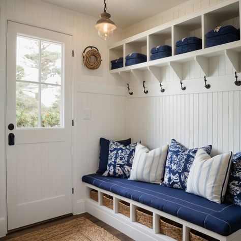 ⚠️LINK IN BIO⚠️ A stylish coastal-themed mudroom with beadboard walls, built-in cubbies, and a bench adorned with nautical cushions for a beachy vibe. #Mudroom #Coastal #Beadboard #BuiltInCubbies #nauticalcushions Coastal Beadboard, Mudroom Coastal, Coastal Mudroom, Beadboard Walls, Built In Cubbies, Bead Board Walls, Nautical Cushions, Mudroom Entryway, Sun Porch