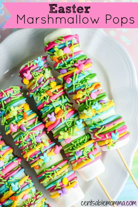 Create this fun and colorful marshmallow pops recipe for Easter. Made with marshmallows, melted chocolate, and Easter sprinkles. Easter Marshmallow Pops, Marshmallow Pops Recipe, Easter Candy Recipes, Dragon Watch, Easter Sweet Treats, Covered Marshmallows, Faux Desserts, Dipped Treats, Easter Marshmallow