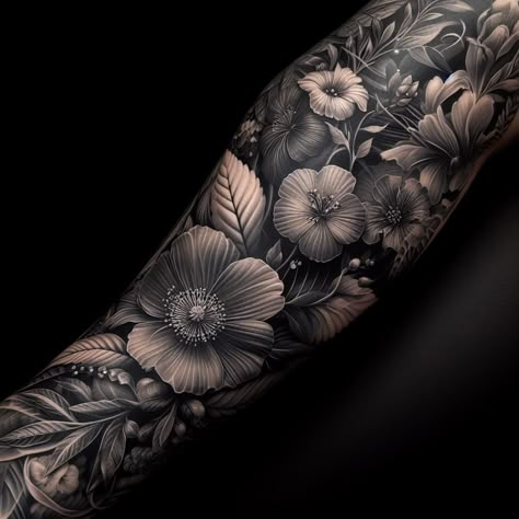 Flower Sleeve Tattoo For Men, Black And Grey Tattoos Flowers, Tattoos With Black Background, Gothic Flower Sleeve Tattoo, Dark Tattoos For Women Sleeve, Realism Flowers Tattoo, Botanical Sleeve Tattoo Black And White, Floral Garden Tattoo Sleeve, Sleeve Shading Tattoo Backgrounds