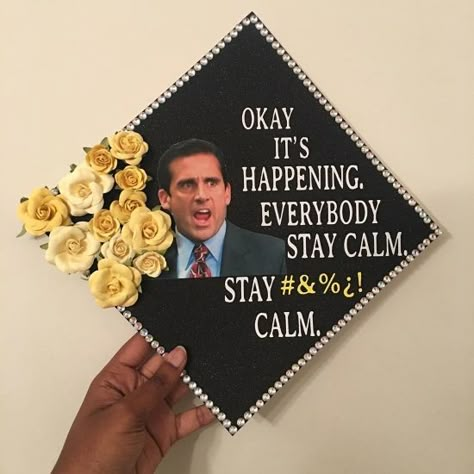 Clever Graduation Caps, Graduation Hat Ideas Funny, Grad Cap The Office, The Office Grad Cap Ideas, Master Cap Ideas, College Graduation Cap Decoration Funny, Funny Graduation Caps High Schools, Cap Ideas For Graduation Funny, Office Graduation Cap