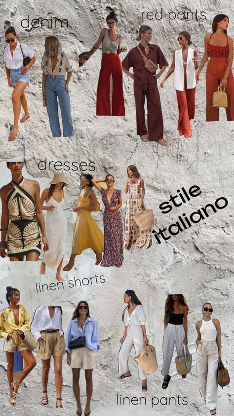 #italiansummer #style #summerstyle #italy Italy Clothes, Italy Outfits, Red Pants, Italian Summer, Linen Shorts, Linen Pants, Denim Pant, Holiday Outfits, Denim Dress