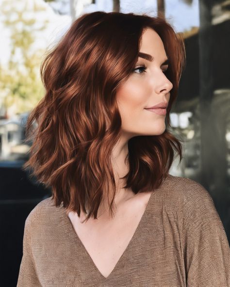 Auburn Waves with Soft Layers Auburn Hair Color On Brown Hair, Auburn Hair For Green Eyes, Lob Auburn Hair, Auburn Hair Dark Eyebrows, Cool Auburn Hair, Medium Red Brown Hair, Alburn Hair, Red Hair Fair Skin, Auburn Hair Colour