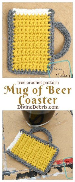 Mug of Beer Coaster free crochet pattern by DivineDebris.com #crochet #freepattern #mugofbeer #appliques #coasters #StPatricksDay #beer Beer Stein Crochet Pattern, Crochet Beer Holder, Knitted Cozies, Coasters Free Pattern, Crochet Beer, Crochet Cup Coaster, Mug Of Beer, Crocheted Coasters, Friends Crochet