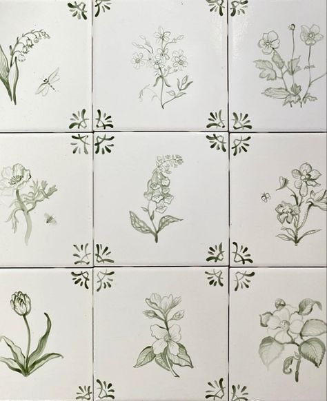 Dye Garden, Paint Backsplash, Patterned Tile Backsplash, Tile Artwork, Green Tiles, Cute Living Room, White Kitchen Tiles, Painted Tiles, Painted Tile