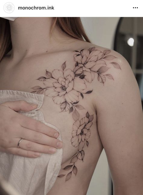 Feminine Shoulder Tattoos, Front Shoulder Tattoos, Mastectomy Tattoo, Floral Tattoo Shoulder, Orchid Tattoo, Torso Tattoos, Flower Tattoo Shoulder, Chest Tattoos For Women, Tattoos Geometric