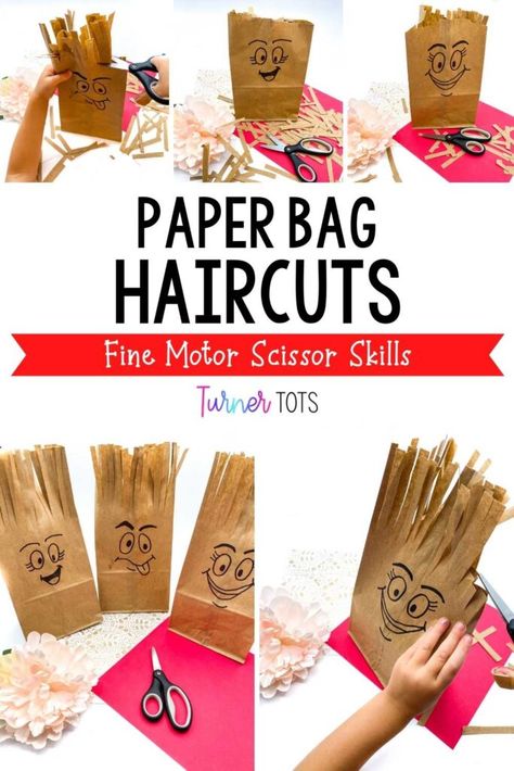 A fun way to practice with scissors are these paperbag haircuts preschoolers can do themselves. This fine motor scissor activity is a fun one - add faces to brown paper bags and allow your little ones to pretend like they are barbers. They will give each paper bag a haircut while their fingers practice those fine motor skills. Click to get more information about this fine motor scissor skills activity! Haircut Preschool Activities, Crafts About Community Helpers, Butcher Paper Prek Activities, Community Helpers Preschool Fine Motor, Paper Bag Activities For Kids, Community Helpers Fine Motor Activities, All About Me Fine Motor, Career Crafts For Kids, Scissor Activities For Preschool