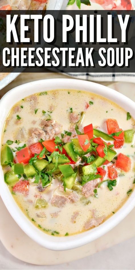 Keto Beef Soup Low Carb, Keto Steak Soup, Philly Soup, Keto Philly Cheesesteak Recipes, Crockpot Keto Soup, Healthy Soups And Stews Low Carb, Steak And Cheese Soup, Soup Recipes Keto, Philly Cheese Steak Soup Recipe