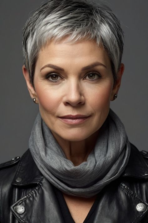 Mature woman with sleek silver pixie cut, gray scarf, and black leather jacket, posing indoors with soft, blurred background Grey Pixie Haircut Short Gray Hair Over 50, Pixie Haircut Gray Hair, Short Grey Hair Styles, Soft Pixie Haircut Fine Hair, Gray Pixie Haircut Over 50, Gray Pixie Haircut, Short Hair For Older Women, Grey Pixie Hair, Really Short Haircuts