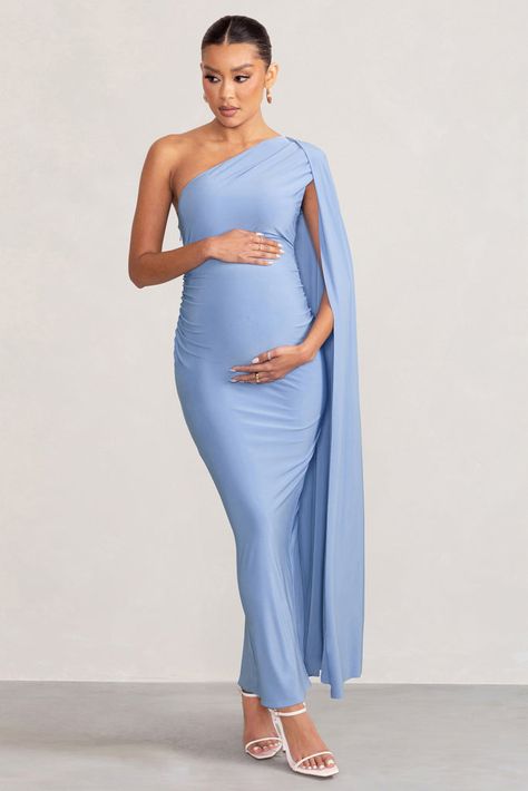 Purchase Amaryllis | Powder Blue Maternity One Shoulder Maxi Dress with Cape Sleeve Maternity Gowns Formal, Gown With Cape, Dress With Cape, Blue Bodycon, One Shoulder Maxi Dress, Blue Bodycon Dress, Club L London, Birthday Shoot, Pregnancy Wardrobe