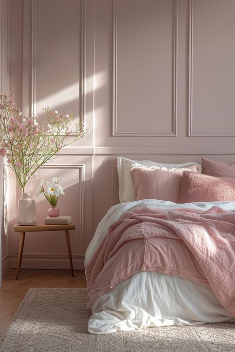 30+ Wainscoting Ideas That Blend Modern Style and Classic Flair Pink Panel Wall Bedroom, Pink And White Walls Bedroom, Classic Bedroom Colors, Mauve Color Drenched Room, Pastel Colored Bedroom, Small Room Wall Ideas, Bedroom With Molding On Walls, Subtle Pink Decor, Dusty Rose Room Ideas