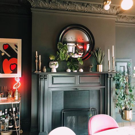 Zoe Sugg on Instagram: “One of my favourite rooms in the house is our dining room! So happy we stepped out of our interior comfort zone and went for a darker…” Zoe Sugg House, Painted Fireplaces, Painted Fireplace Mantels, House Interior Ideas, Zoe Sugg, Paint Fireplace, Interior Renovation, Happy We, House Entrance