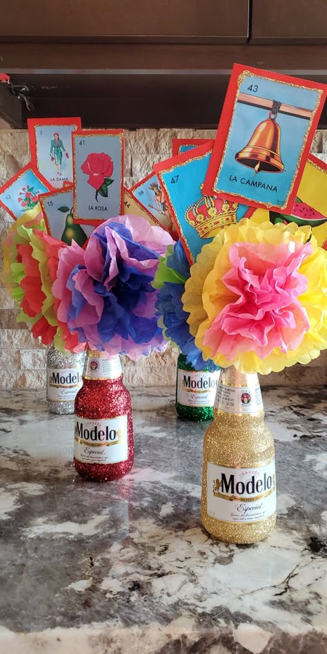 Mexican Birthday Party Centerpieces, Loteria Theme Party Centerpieces, 75th Birthday Mexican, A Little Señorita Is On Her Way Theme, Fiesta Theme Centerpieces, Diy Mexican Party Decorations, Mexican Party Centerpiece Ideas, Mexican Theme Graduation Party, Mexican Graduation Party