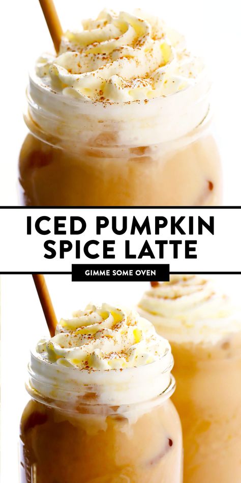 My favorite Iced Pumpkin Spice Latte recipe is made with real pumpkin puree, your choice of milk (dairy or vegan), and naturally sweetened with just a hint of maple syrup. Easy to make in 5 minutes and considerably cheaper than the coffee shop version! | gimmesomeoven.com #pumpkin #latte #coffee #drink #vegan #glutenfree #psl #iced #cold #fall #autumn #winter Pumpkin Coffee Recipe, Pumpkin Latte Recipe, Iced Pumpkin Spice Latte, Iced Latte Recipe, Pumpkin Spice Latte Recipe, Pumpkin Spice Drinks, Pumpkin Drinks, Pumpkin Spiced Latte Recipe, Milk Dairy