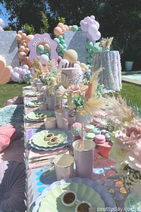 Plan an Adorable Mermaid Vibes Birthday Party! | Pretty Day Vibes Birthday Party, Mermaid Pool Parties, Mermaid Birthday Party Ideas, Ocean Birthday Party, Mermaid Birthday Party Decorations, Mermaid Theme Birthday Party, Mermaid Kids, Mermaid Party Ideas, Ocean Birthday